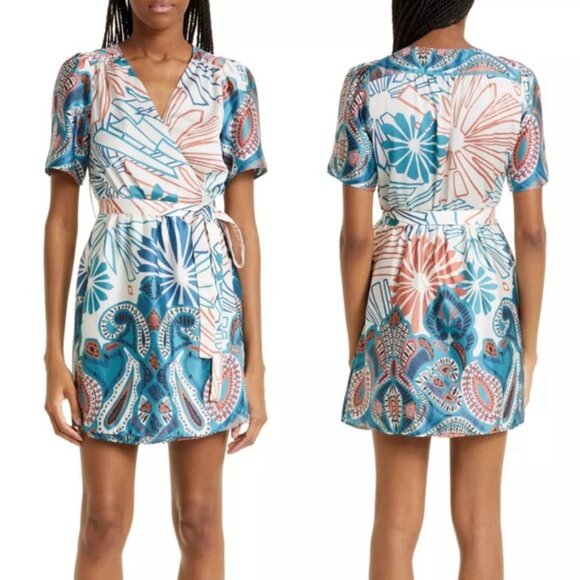 NWT Ba&sh ROBE JARA Mixed Print Wrap Mini Dress Turquoise 1E23JARA Size 3 MEDIUM - Picture 3 of 15